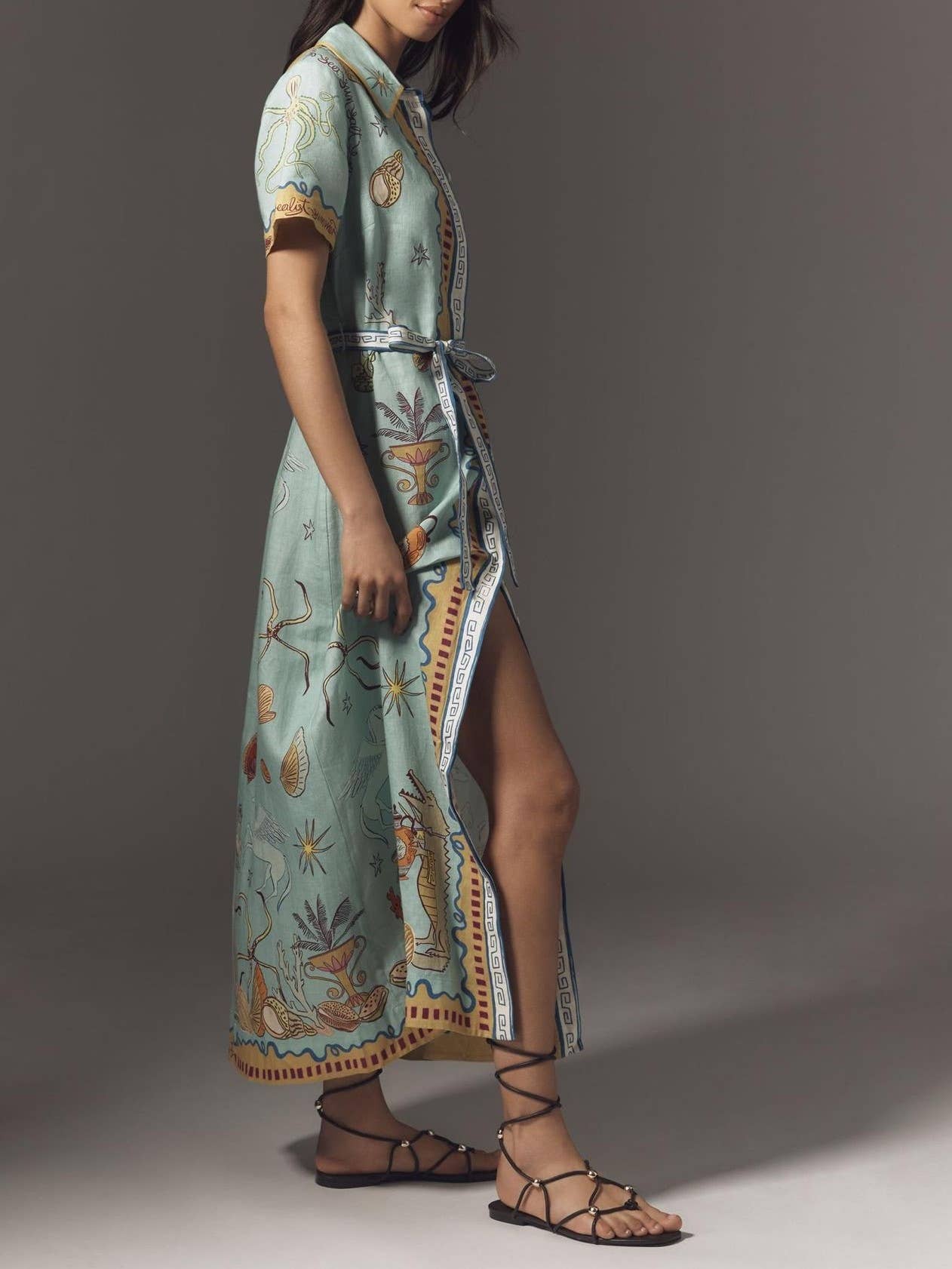 Ocean Inspired print Button Maxi Shirt Dress