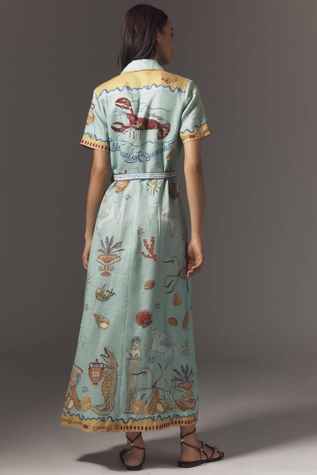 Ocean Inspired print Button Maxi Shirt Dress