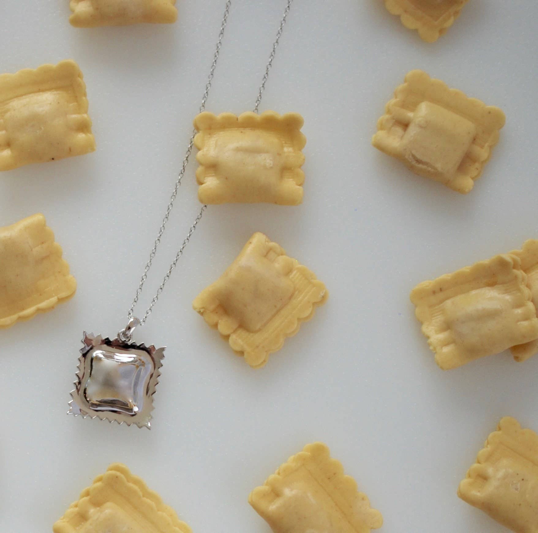 Ravioli Pasta Necklace, Yellow Gold Plated, By Delicacies Jewelry - Every Purchase Fights Hunger! (Foodie Gift, Pasta Jewelry)