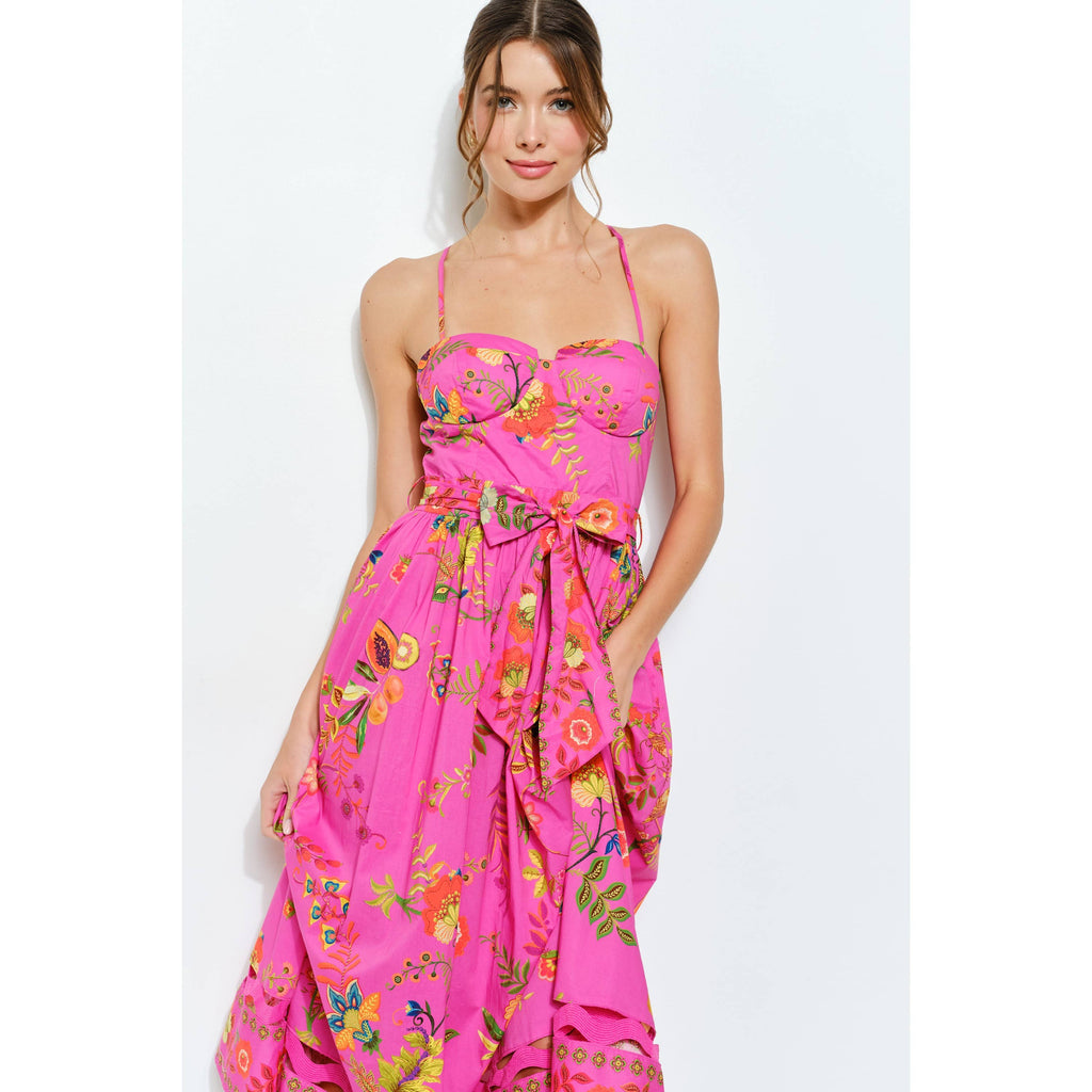 Floral Embroidered Bustier Midi Dress