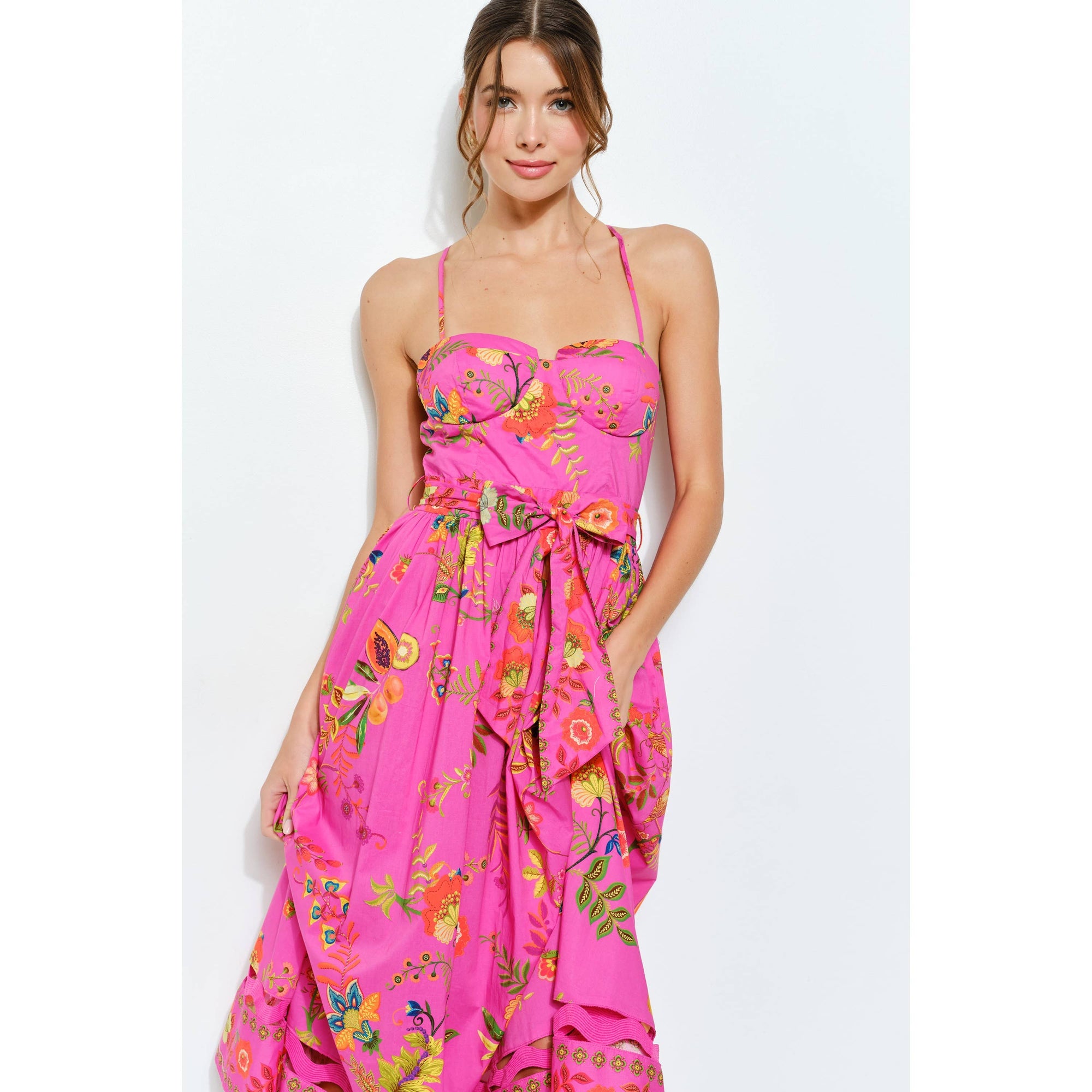 Floral Embroidered Bustier Midi Dress
