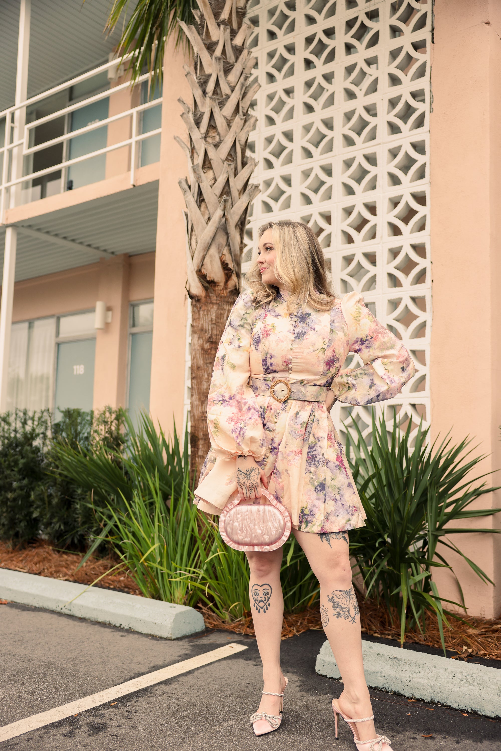Long Sleeves Floral Print Belted-Waist Mini Dress