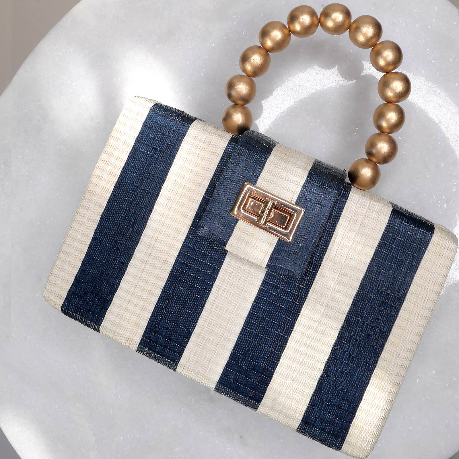 Navy Stripe Clutch | Gold Bead Handle