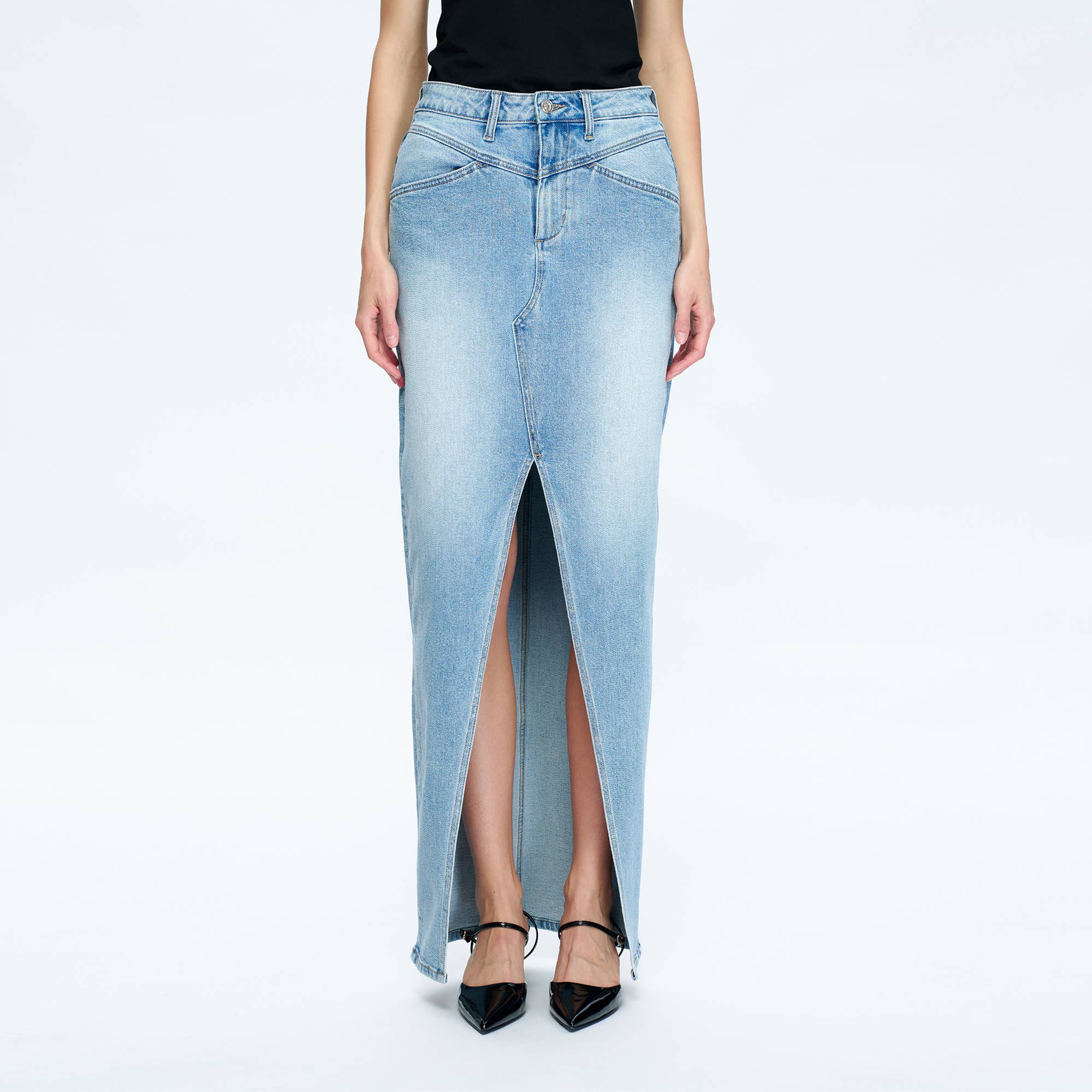 HIGH-LOW DENIM MAXI SKIRT(FINISHED HEM,SLIT)