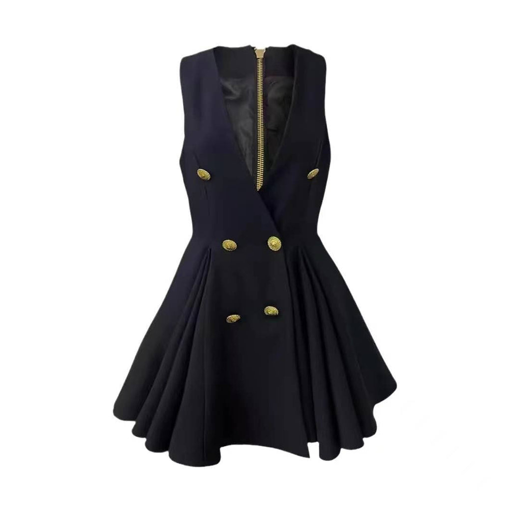 Black Vest Dress - High Waist, Double-Breasted