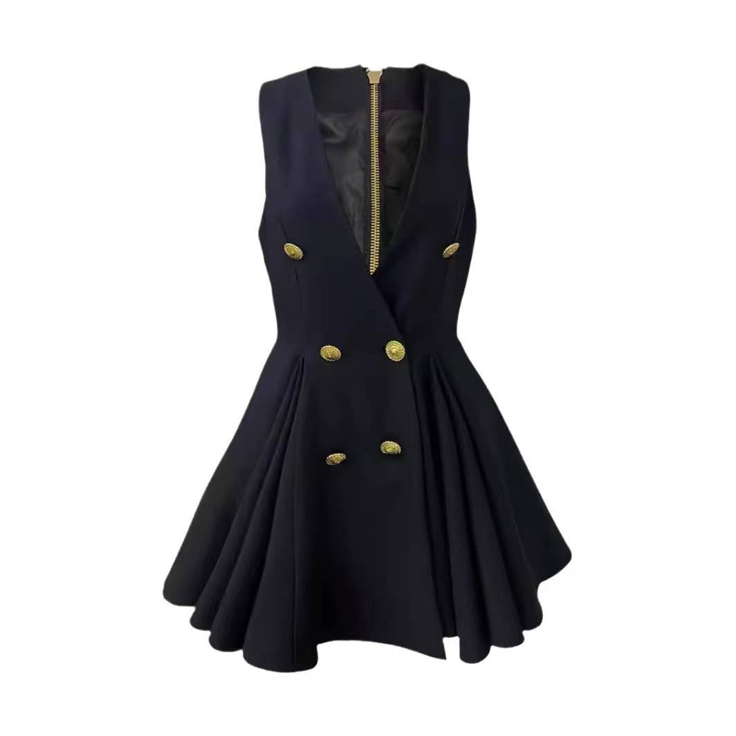 Black Vest Dress - High Waist, Double-Breasted