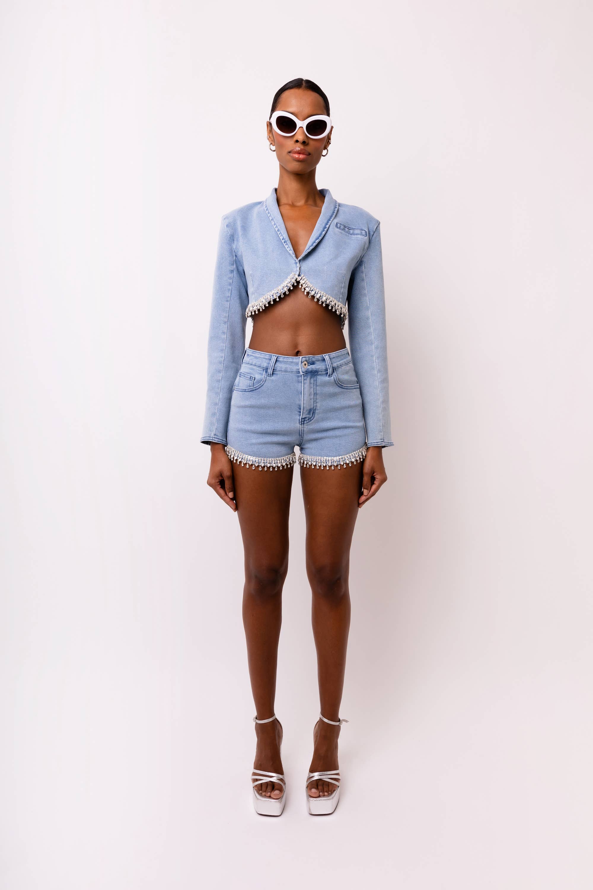 Bae Stretch Diamante Detail Denim Cropped Jacket