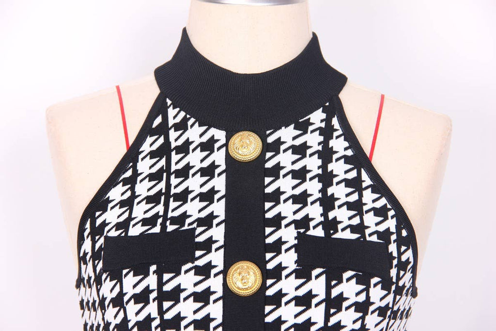Summer Houndstooth Pleated Halter Dress