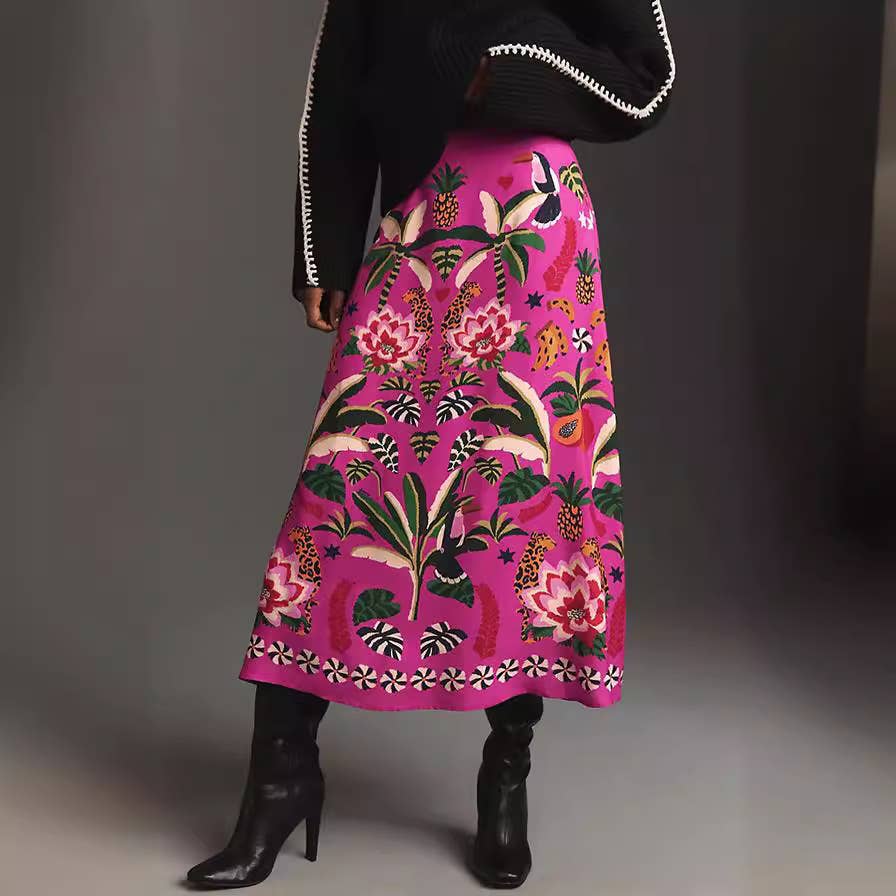 High-Waisted Botanical Print Skirt