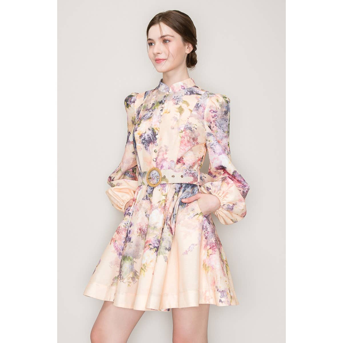Long Sleeves Floral Print Belted-Waist Mini Dress