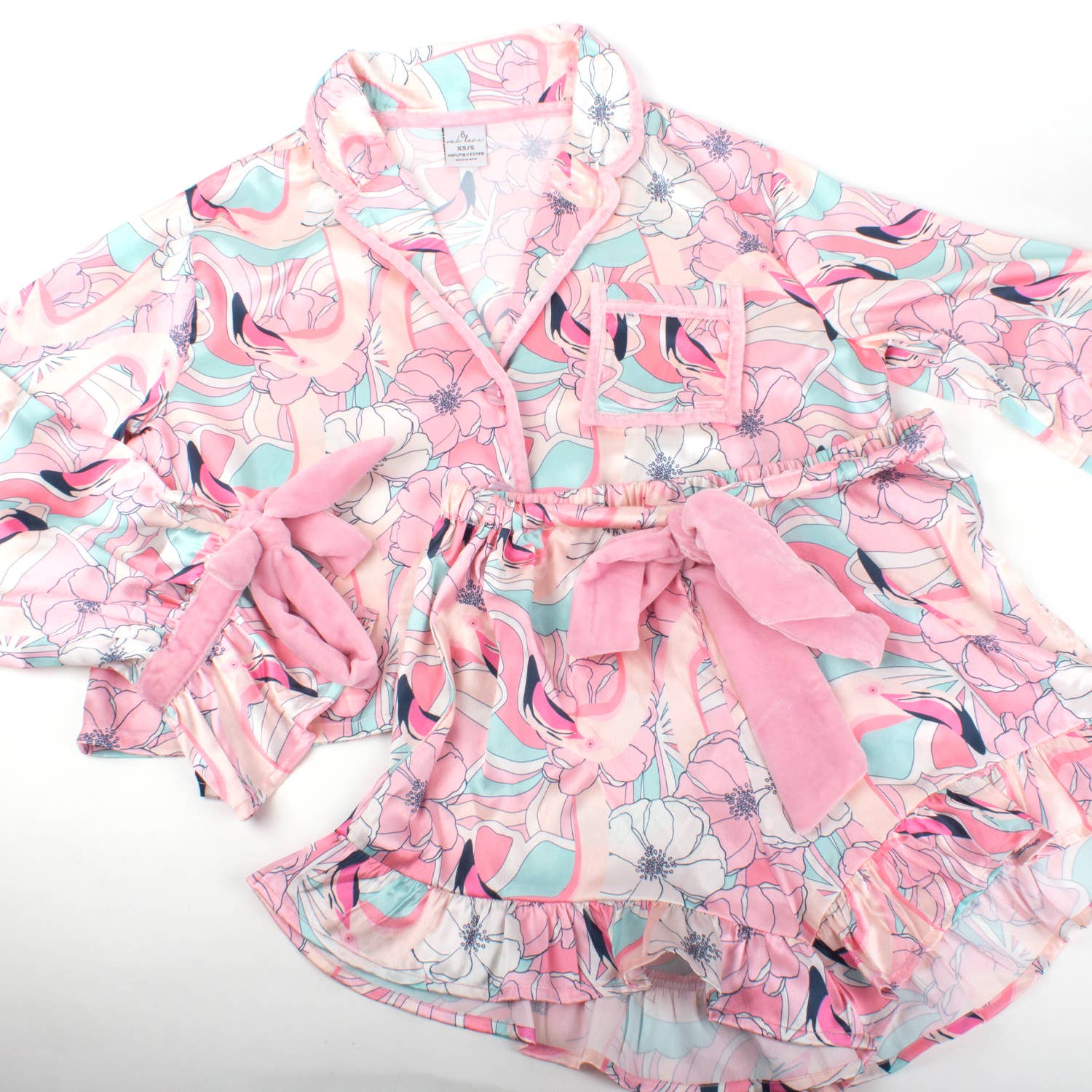 Retro Flamingo Satin Ruffle Short PJ Set