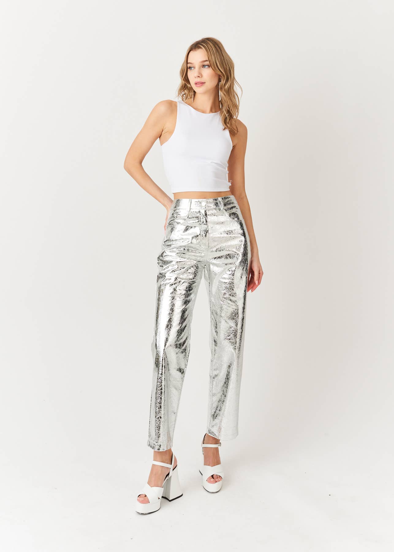 Lupe High Waist Faux Leather Metallic Textured Pants