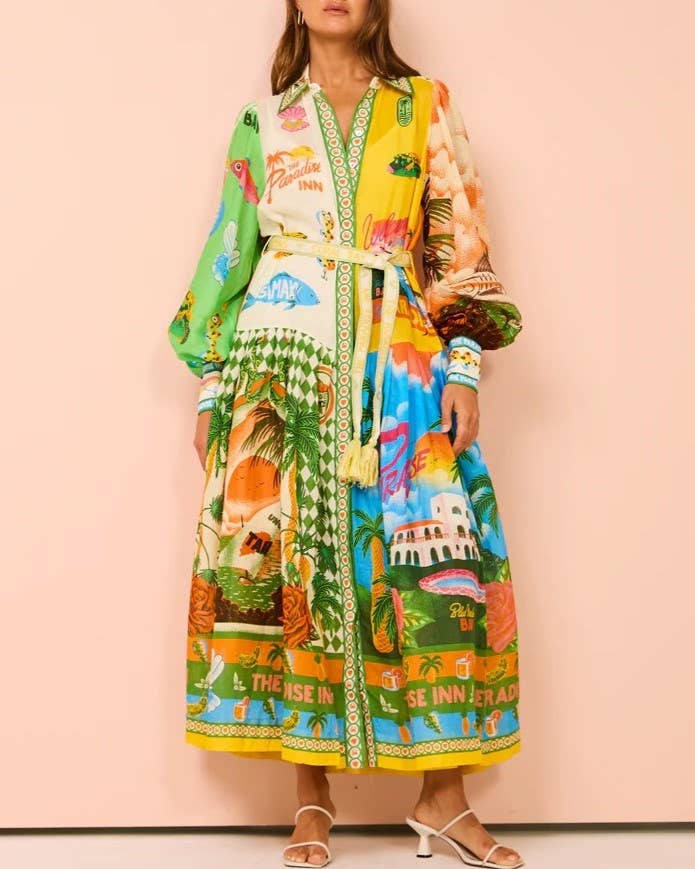 Balloon Sleeve Graffiti-Print Dress