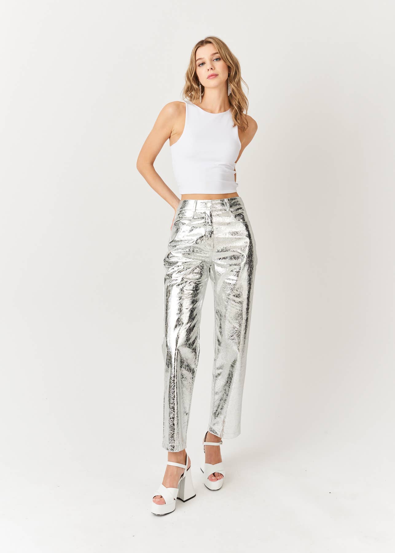 Lupe High Waist Faux Leather Metallic Textured Pants