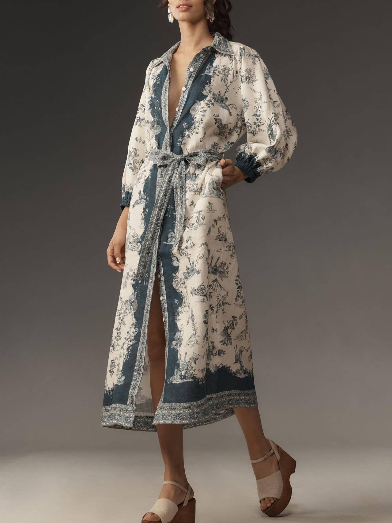 Ocean Inspired print Button Maxi Shirt Dress