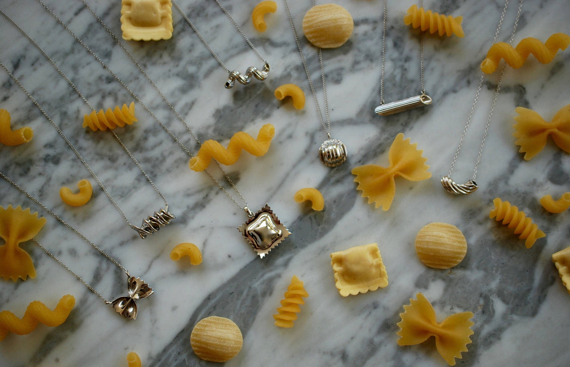 Ravioli Pasta Necklace, Yellow Gold Plated, By Delicacies Jewelry - Every Purchase Fights Hunger! (Foodie Gift, Pasta Jewelry)