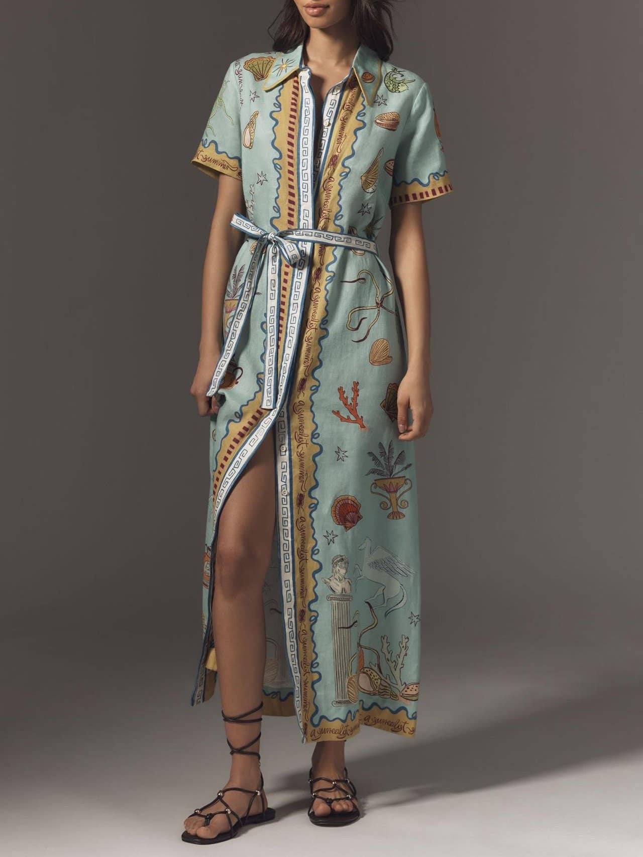 Ocean Inspired print Button Maxi Shirt Dress