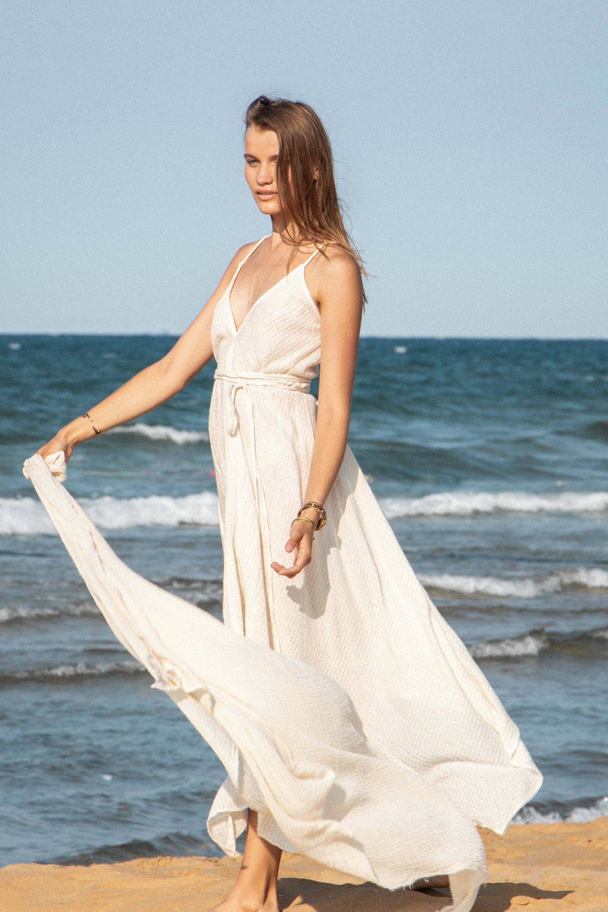 Sage Maxi Dress - Natural With Gold Stripes