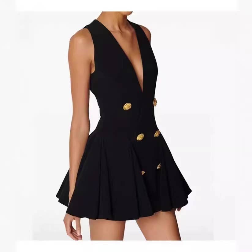 Black Vest Dress - High Waist, Double-Breasted
