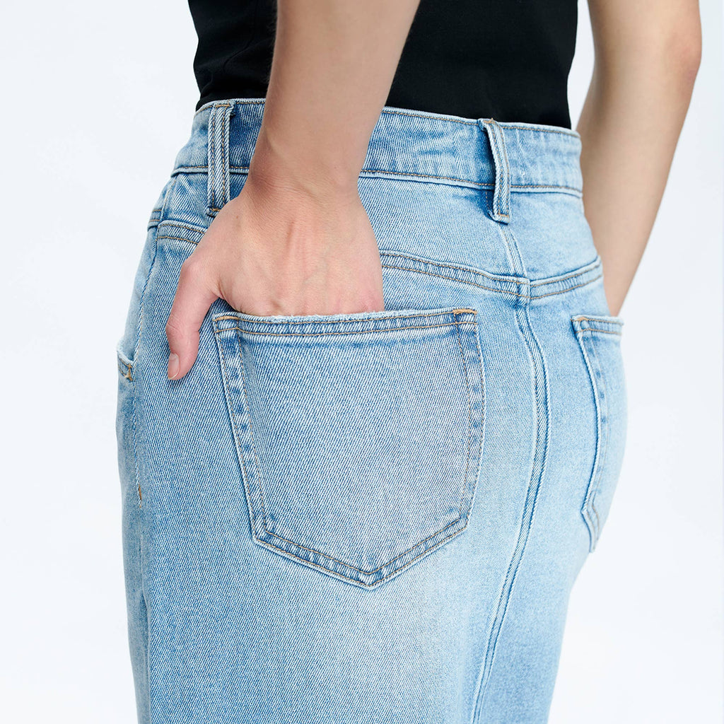HIGH-LOW DENIM MAXI SKIRT(FINISHED HEM,SLIT) BYK7044