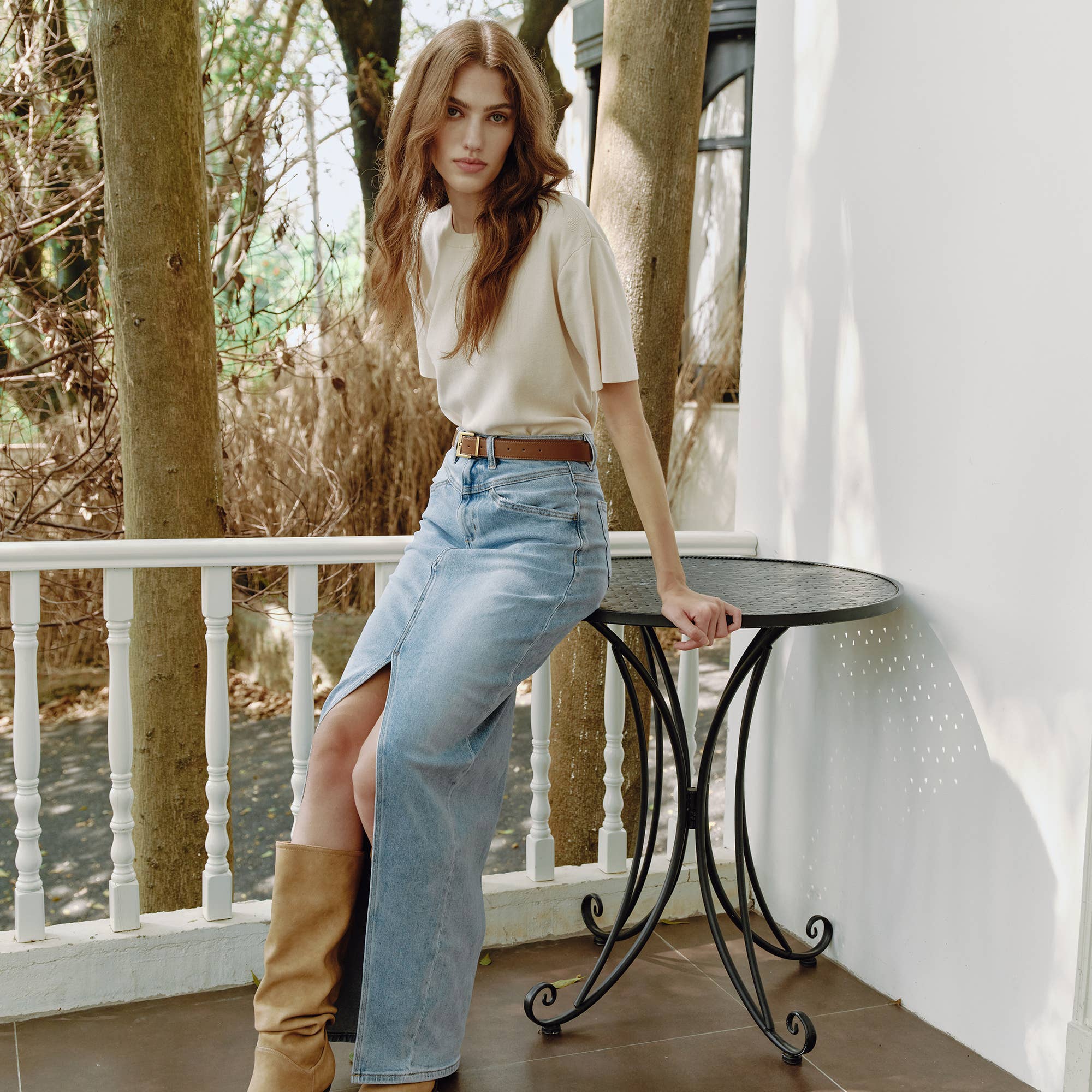 HIGH-LOW DENIM MAXI SKIRT(FINISHED HEM,SLIT)