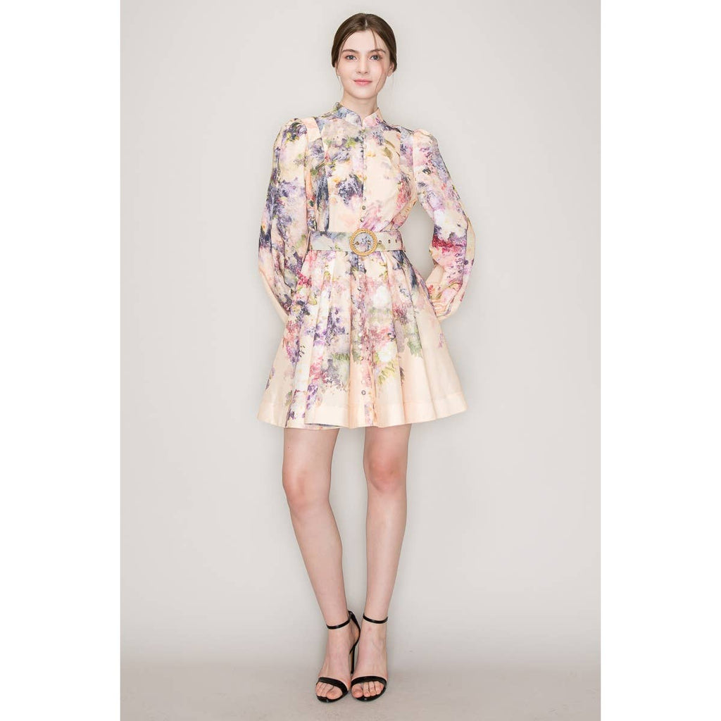 Long Sleeves Floral Print Belted-Waist Mini Dress