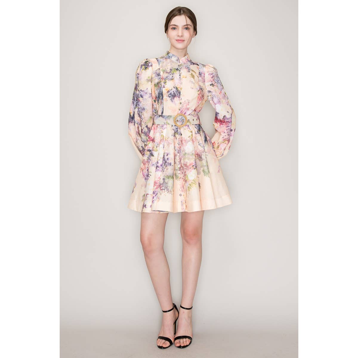 Long Sleeves Floral Print Belted-Waist Mini Dress
