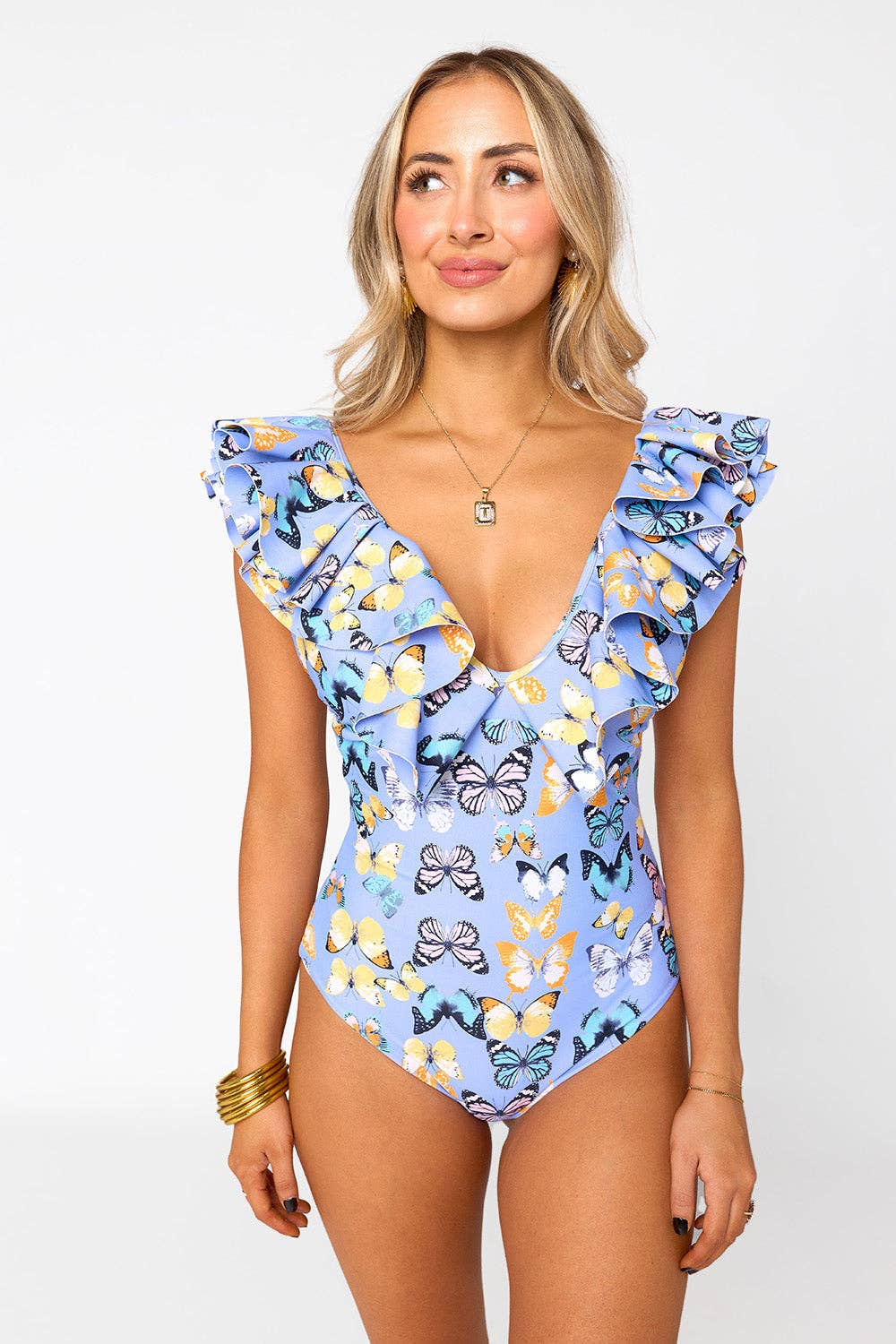 Painted Lady Ruffle Shoulder One-Piece Swimsuit