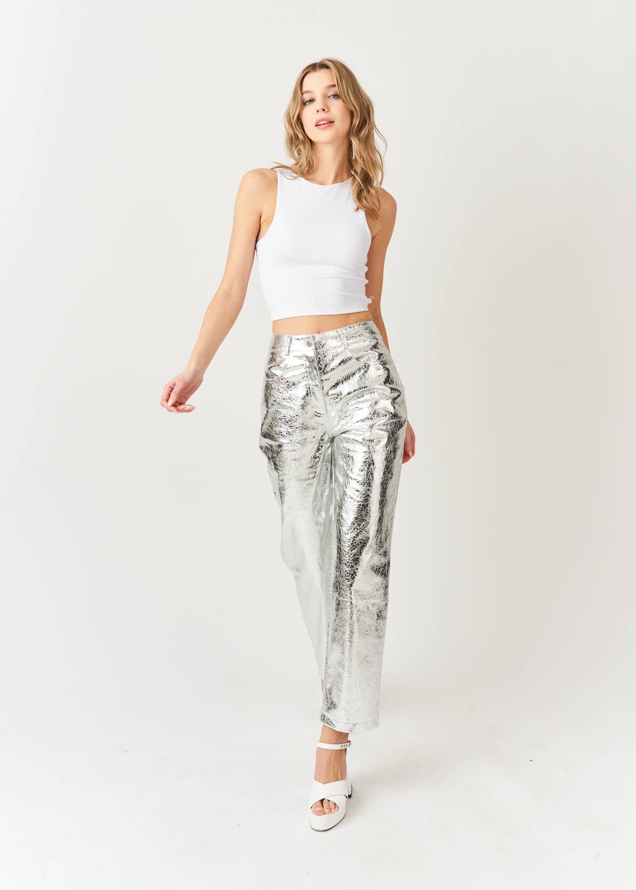 Lupe High Waist Faux Leather Metallic Textured Pants