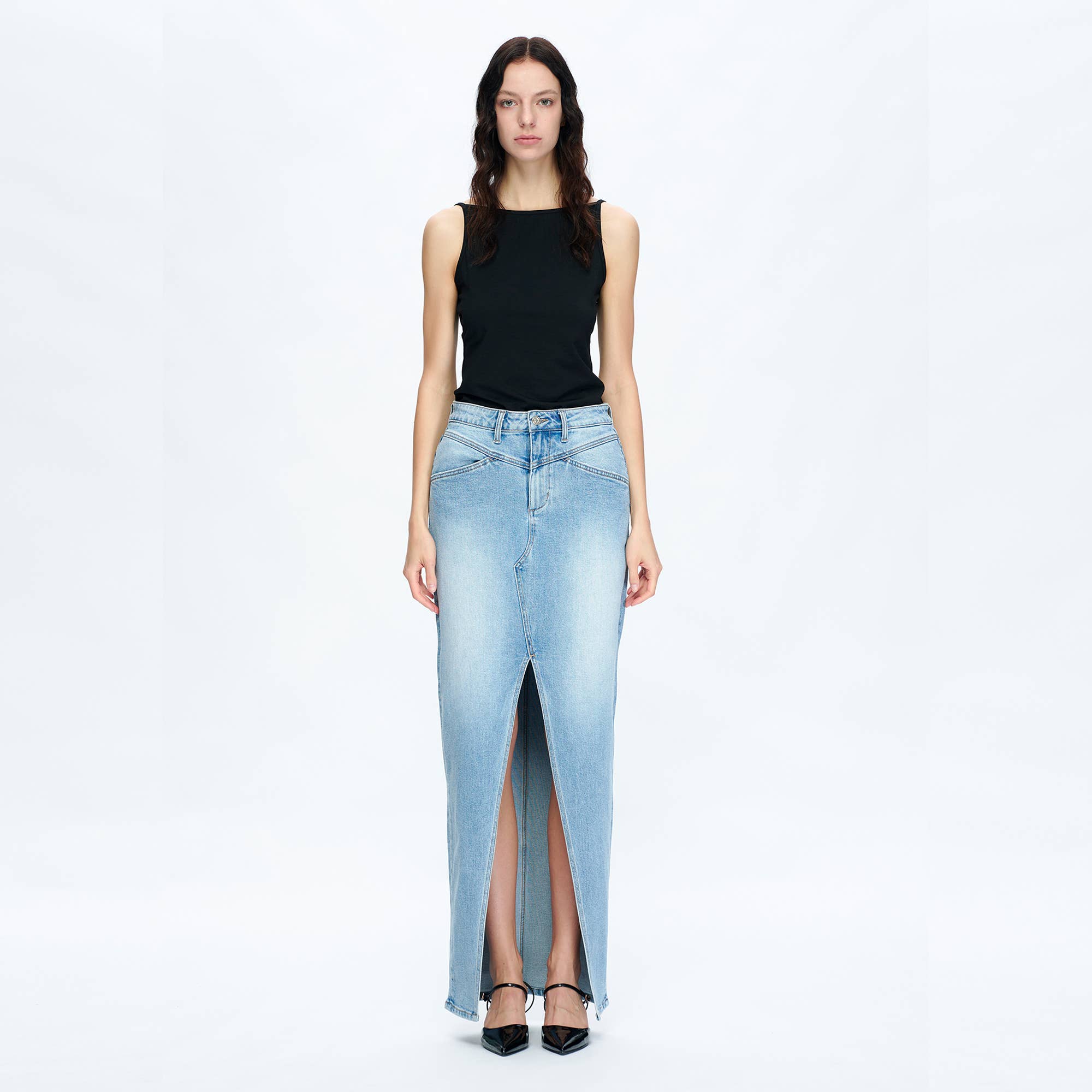HIGH-LOW DENIM MAXI SKIRT(FINISHED HEM,SLIT)