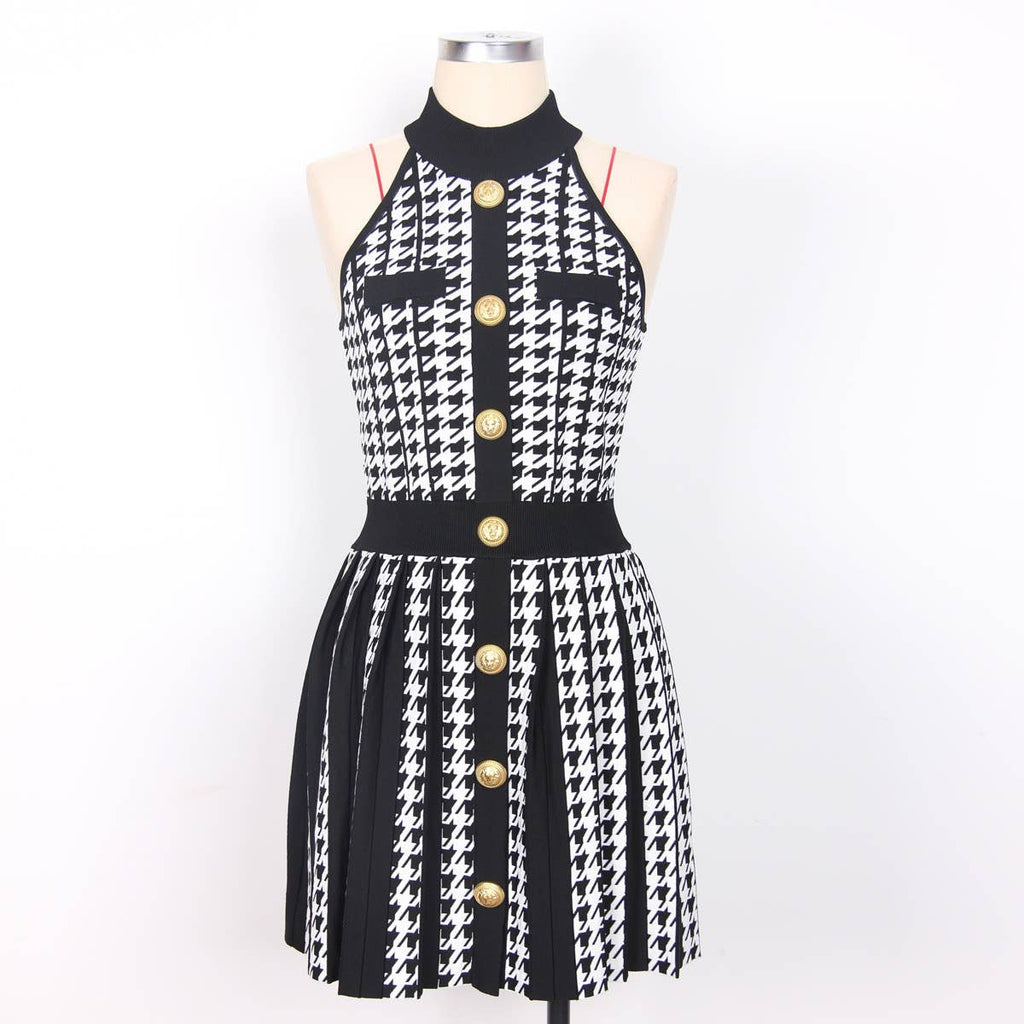 Summer Houndstooth Pleated Halter Dress