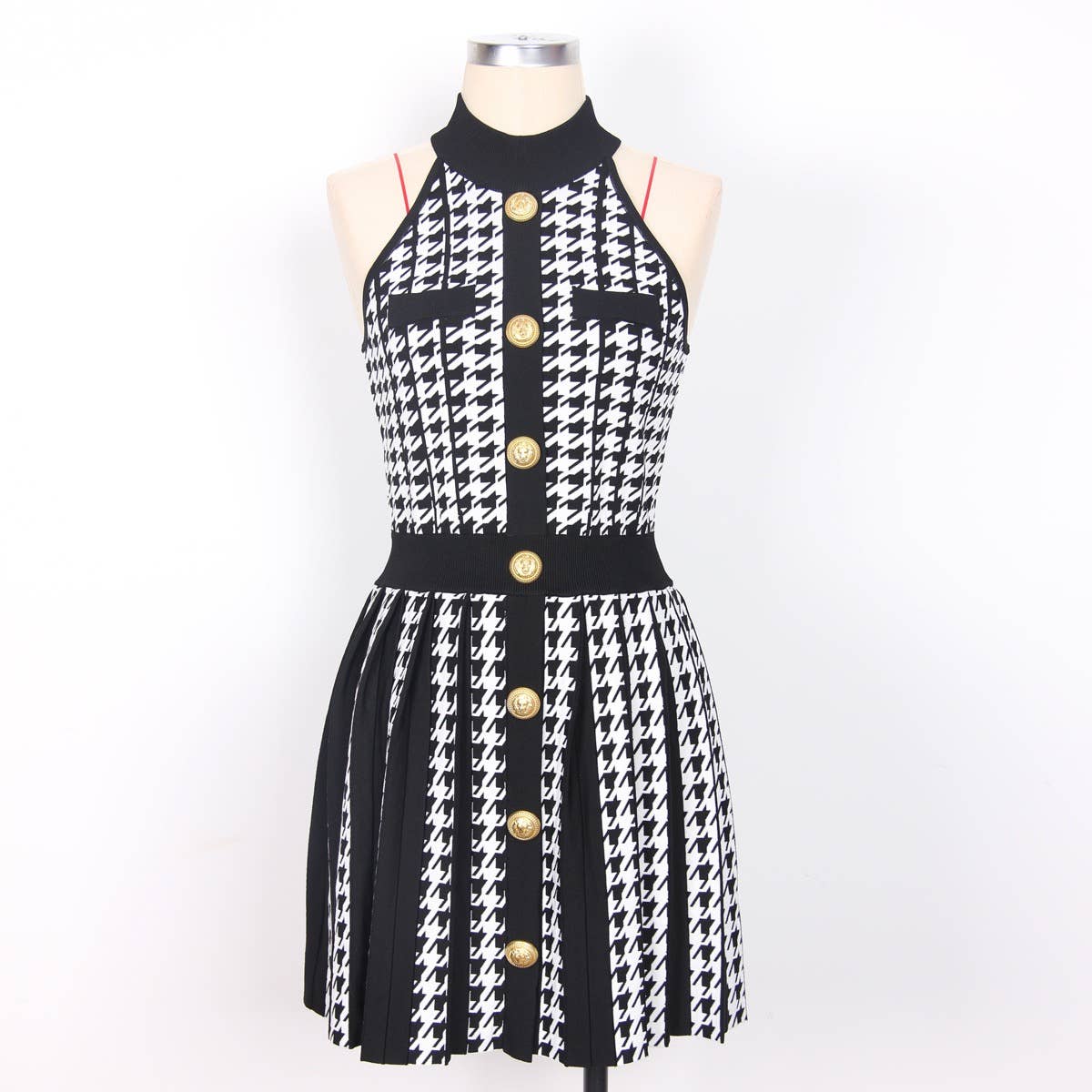 Summer Houndstooth Pleated Halter Dress