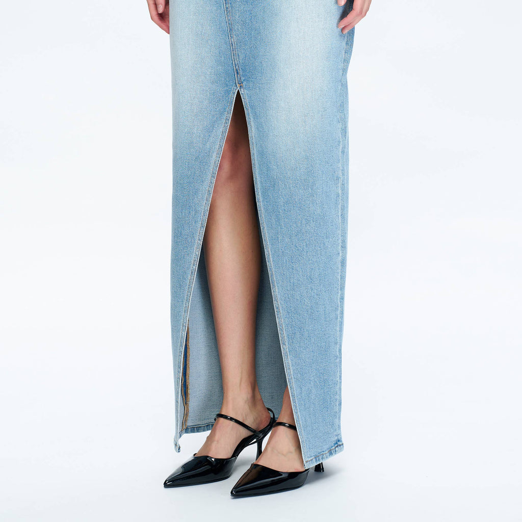 HIGH-LOW DENIM MAXI SKIRT(FINISHED HEM,SLIT) BYK7044