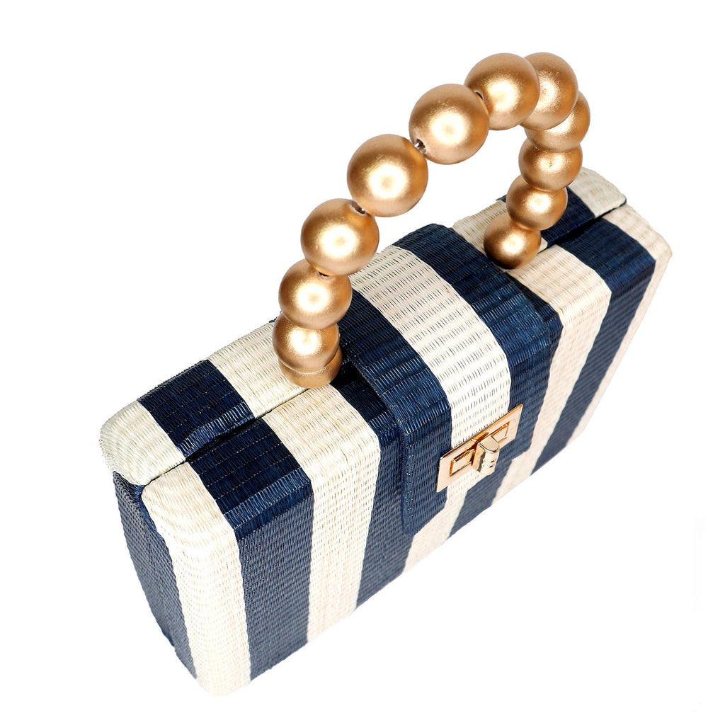 Navy Stripe Clutch | Gold Bead Handle | Summer Resort 2025