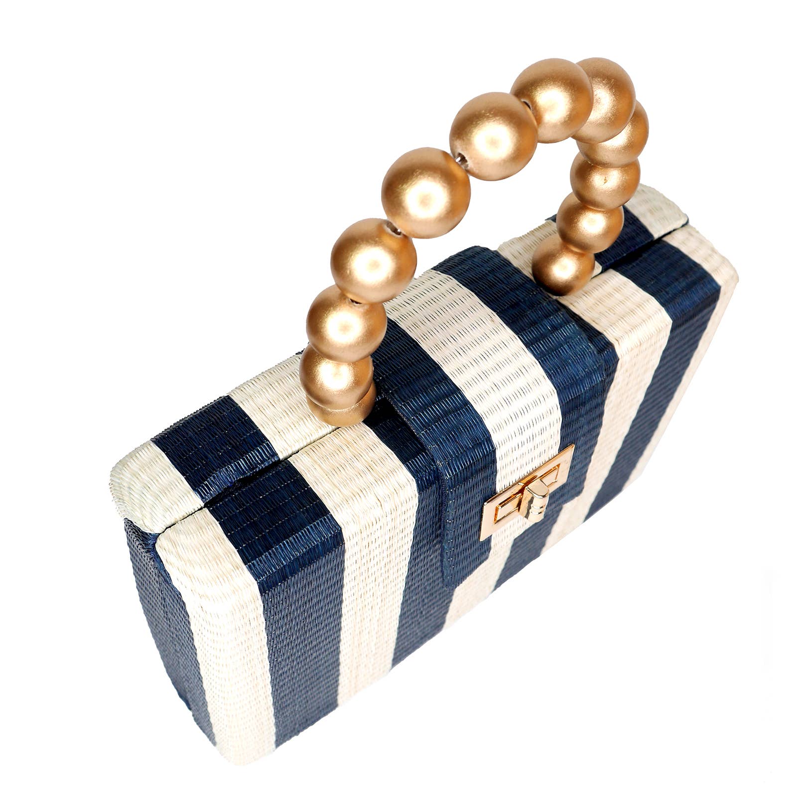 Navy Stripe Clutch | Gold Bead Handle | Summer Resort 2025