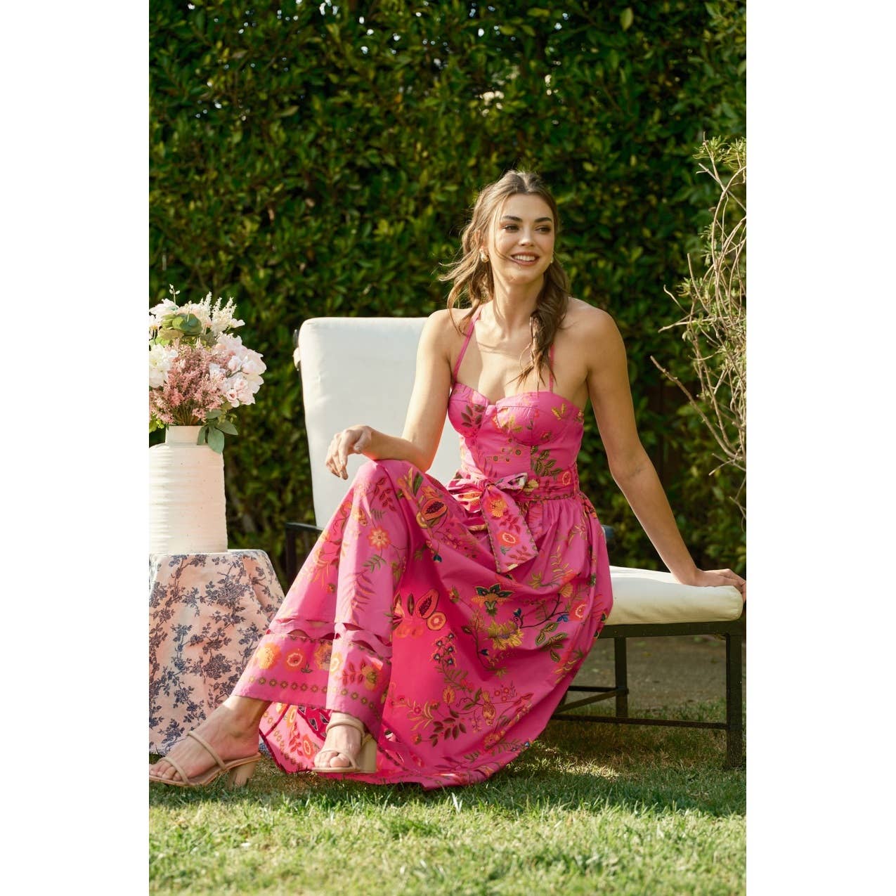 Floral Embroidered Bustier Midi Dress