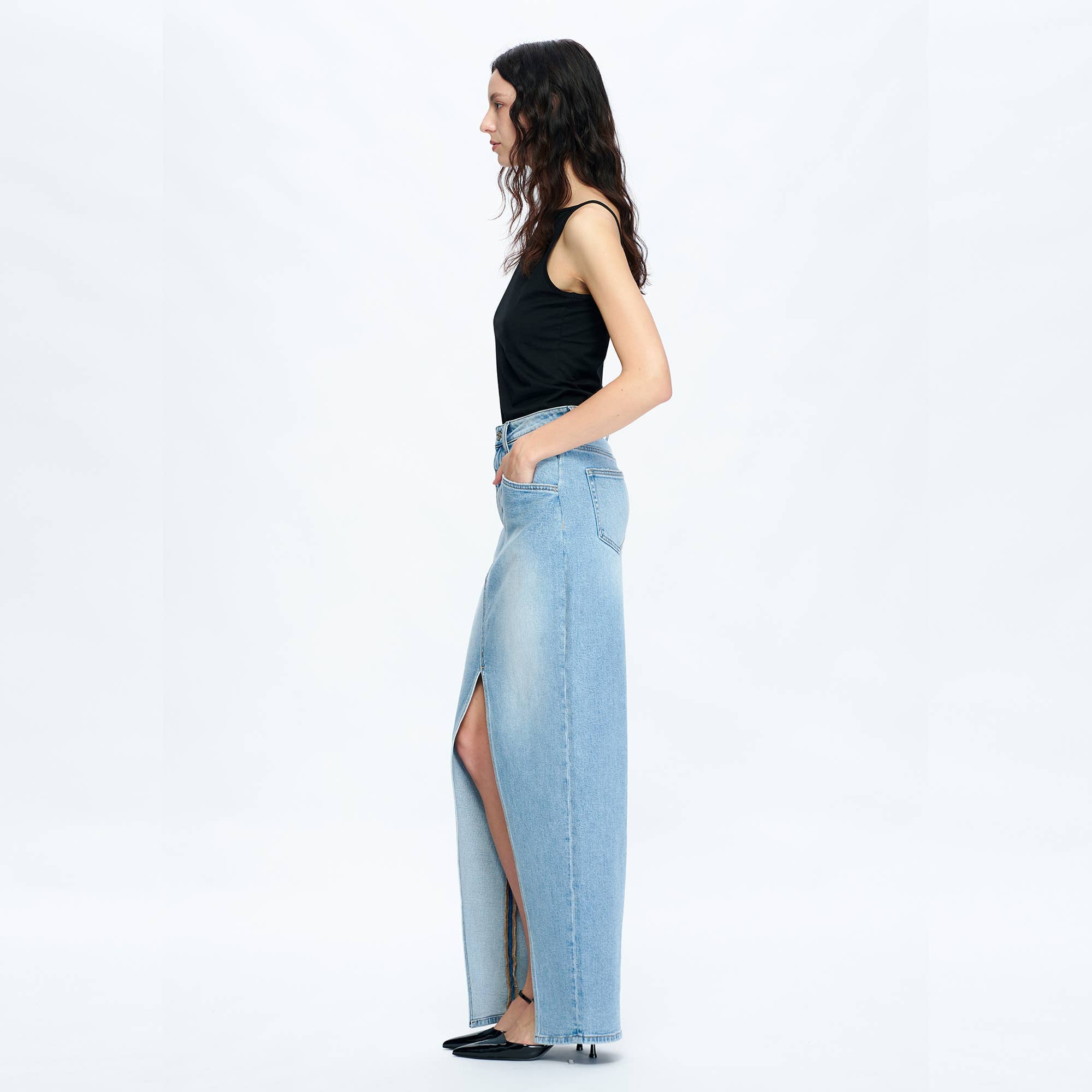 HIGH-LOW DENIM MAXI SKIRT(FINISHED HEM,SLIT)